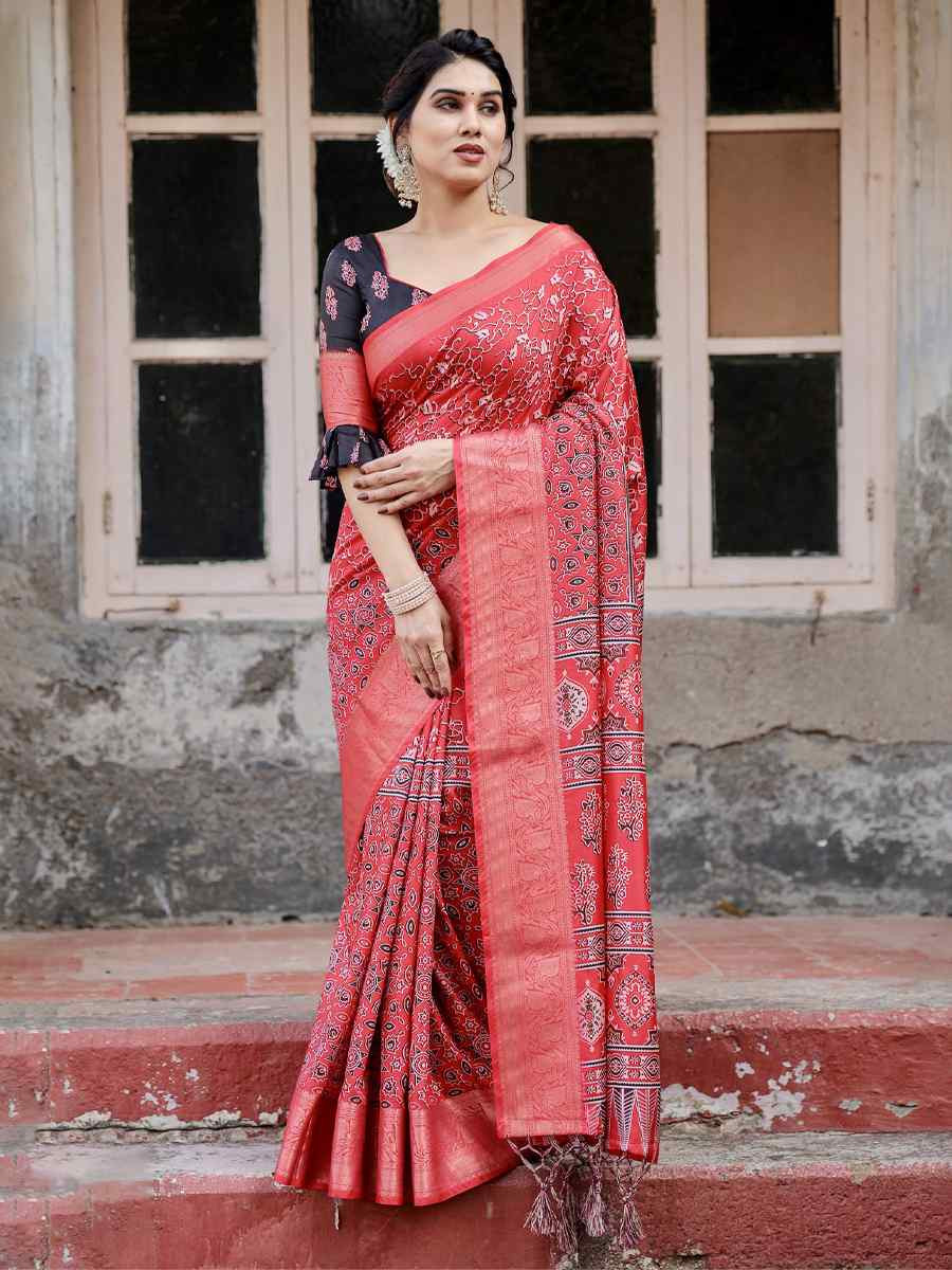 Red Tussar Silk Zari Handwoven Printed Casual Reception Festival Wedding Fancy Heavy Border Saree