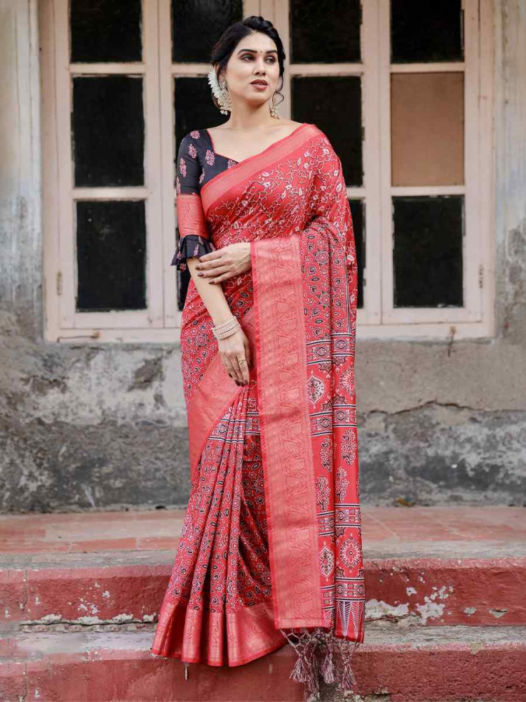 Image of Red Tussar Silk Zari Handwoven Printed Casual Reception Festival Wedding Fancy Heavy Border Saree