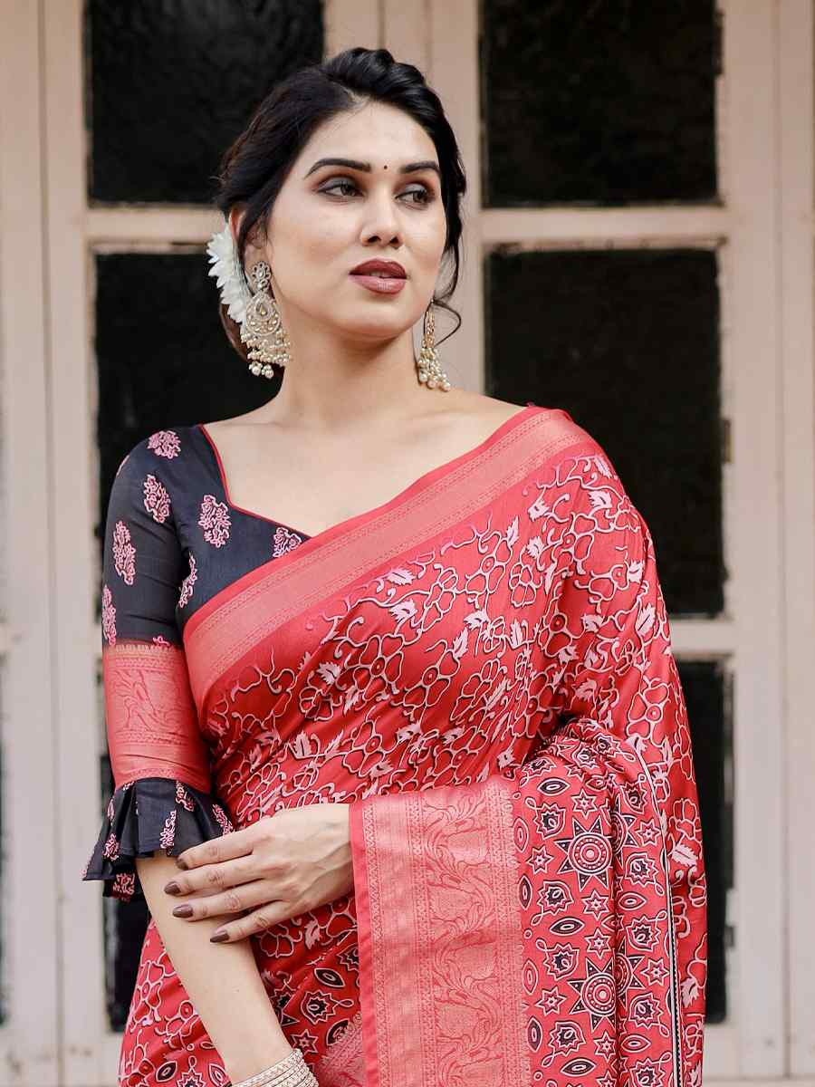 Red Tussar Silk Zari Handwoven Printed Casual Reception Festival Wedding Fancy Heavy Border Saree