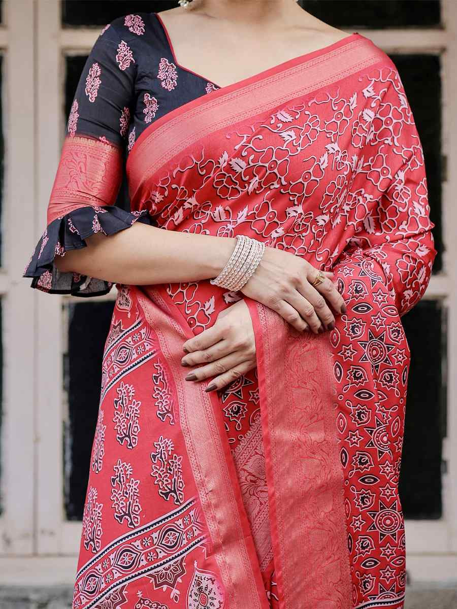 Red Tussar Silk Zari Handwoven Printed Casual Reception Festival Wedding Fancy Heavy Border Saree