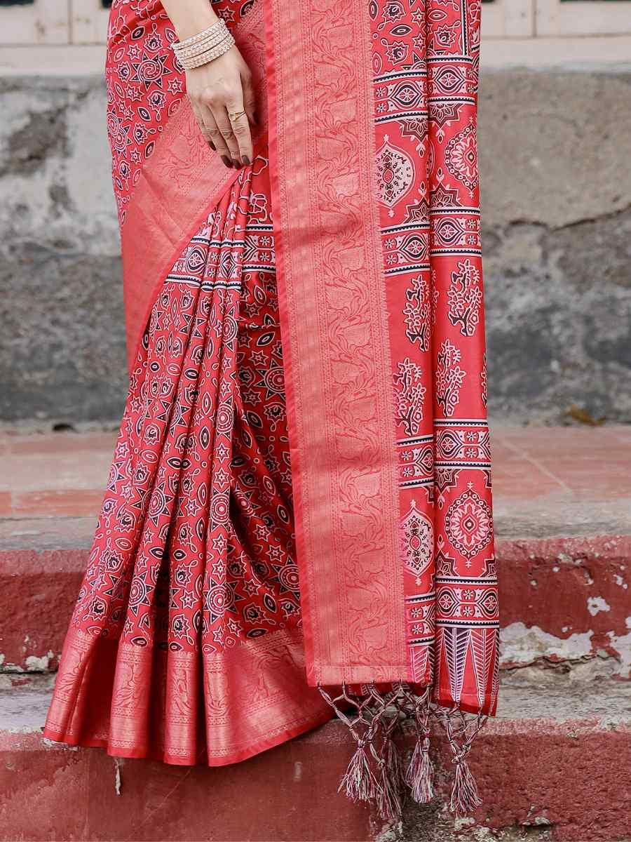 Red Tussar Silk Zari Handwoven Printed Casual Reception Festival Wedding Fancy Heavy Border Saree