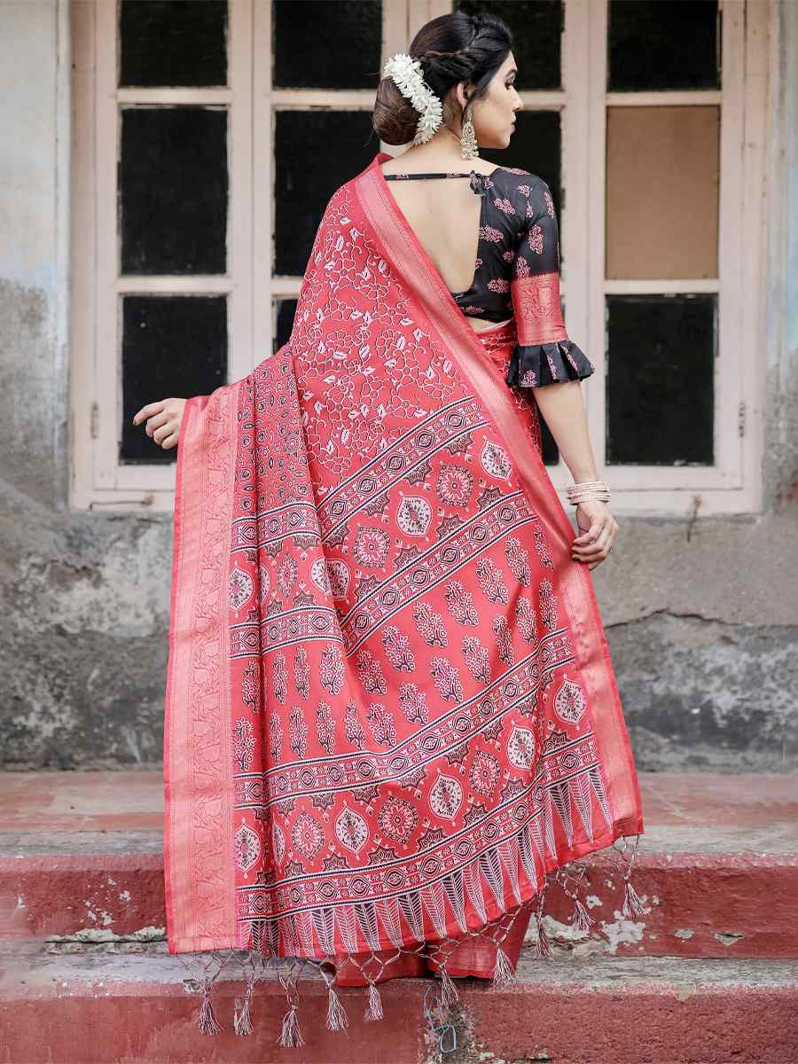 Red Tussar Silk Zari Handwoven Printed Casual Reception Festival Wedding Fancy Heavy Border Saree