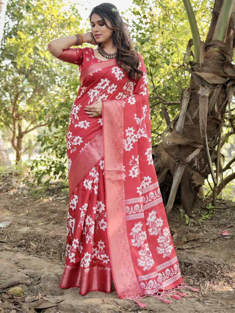Image of Red Tussar Silk Zari Handwoven Printed Casual Reception Festival Wedding Fancy Heavy Border Saree