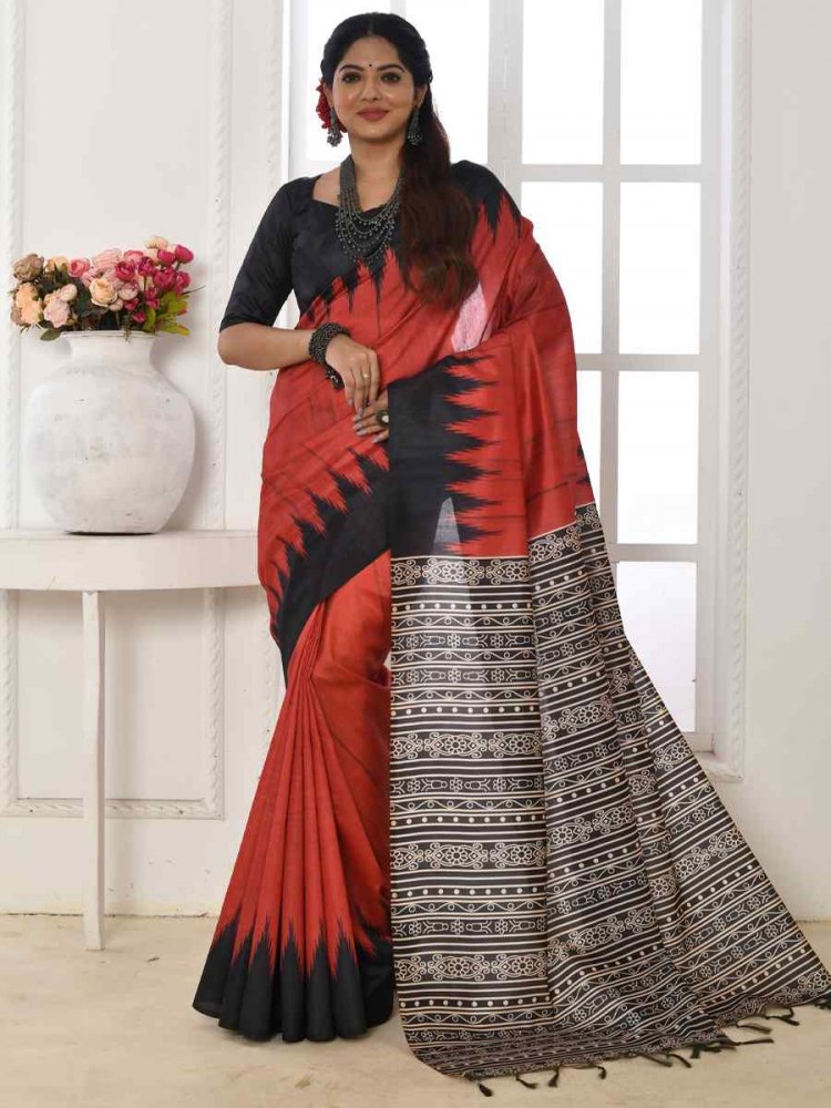 Red Tusser Silk Printed Reception Party Classic Style Saree
