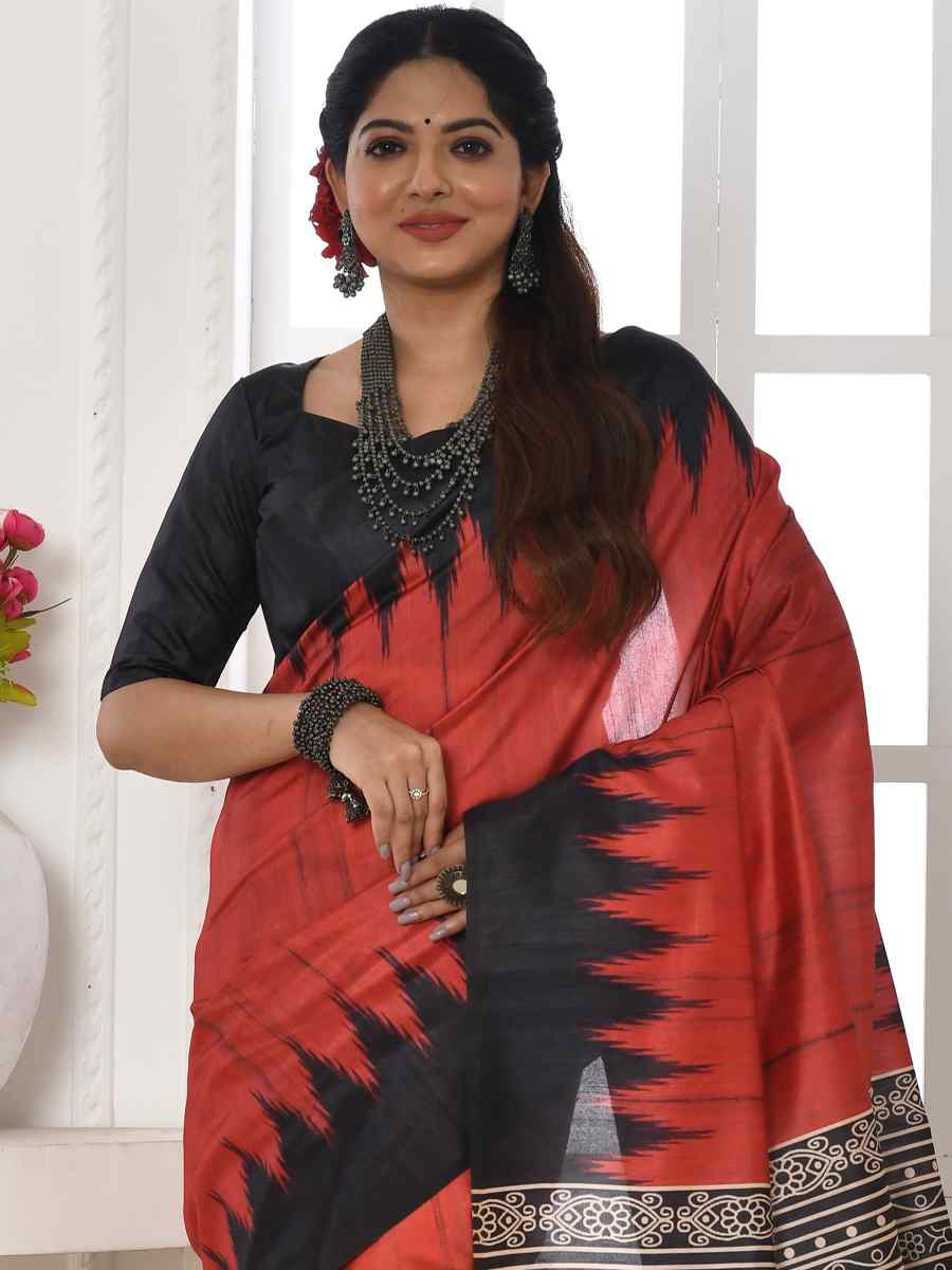 Red Tusser Silk Printed Reception Party Classic Style Saree