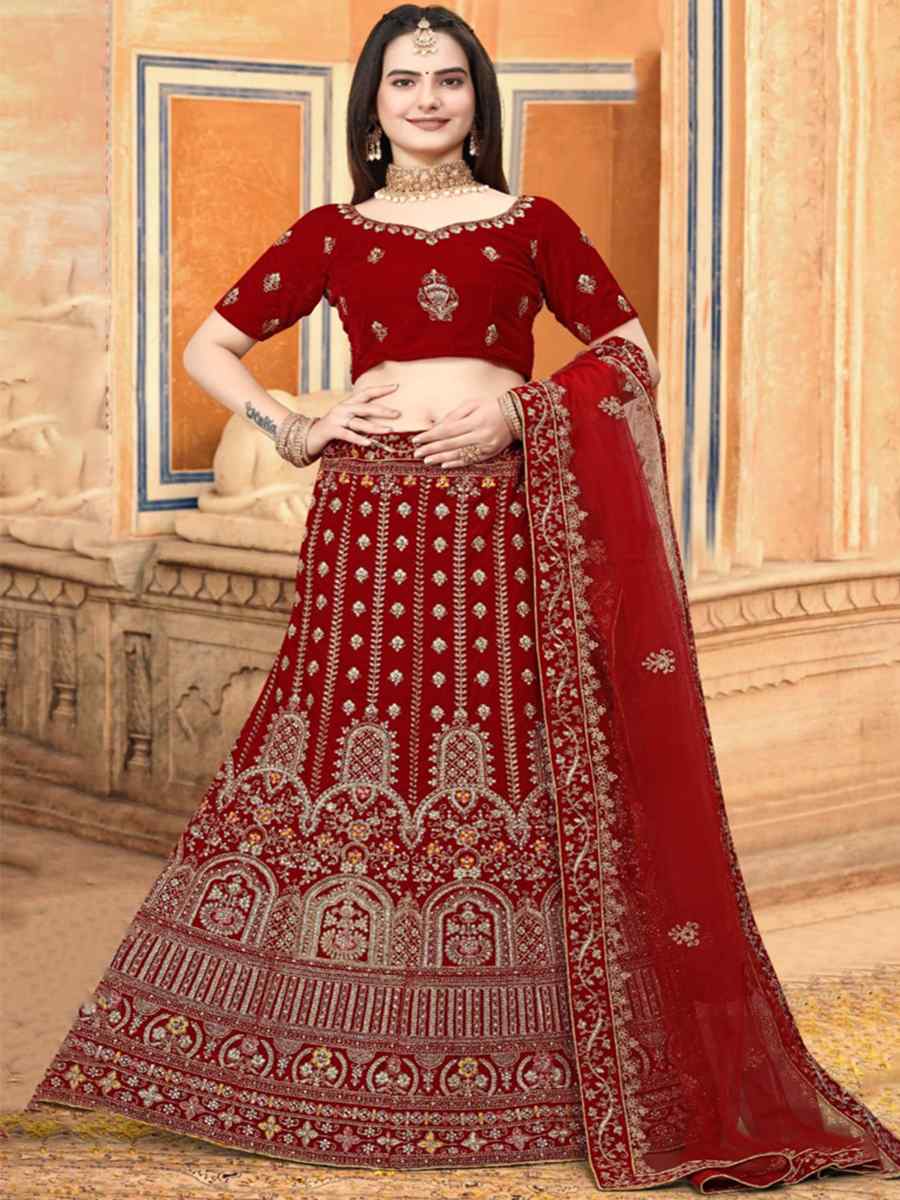 Red Velvet Embroidered Bridal Wedding Heavy Border Lehenga Choli