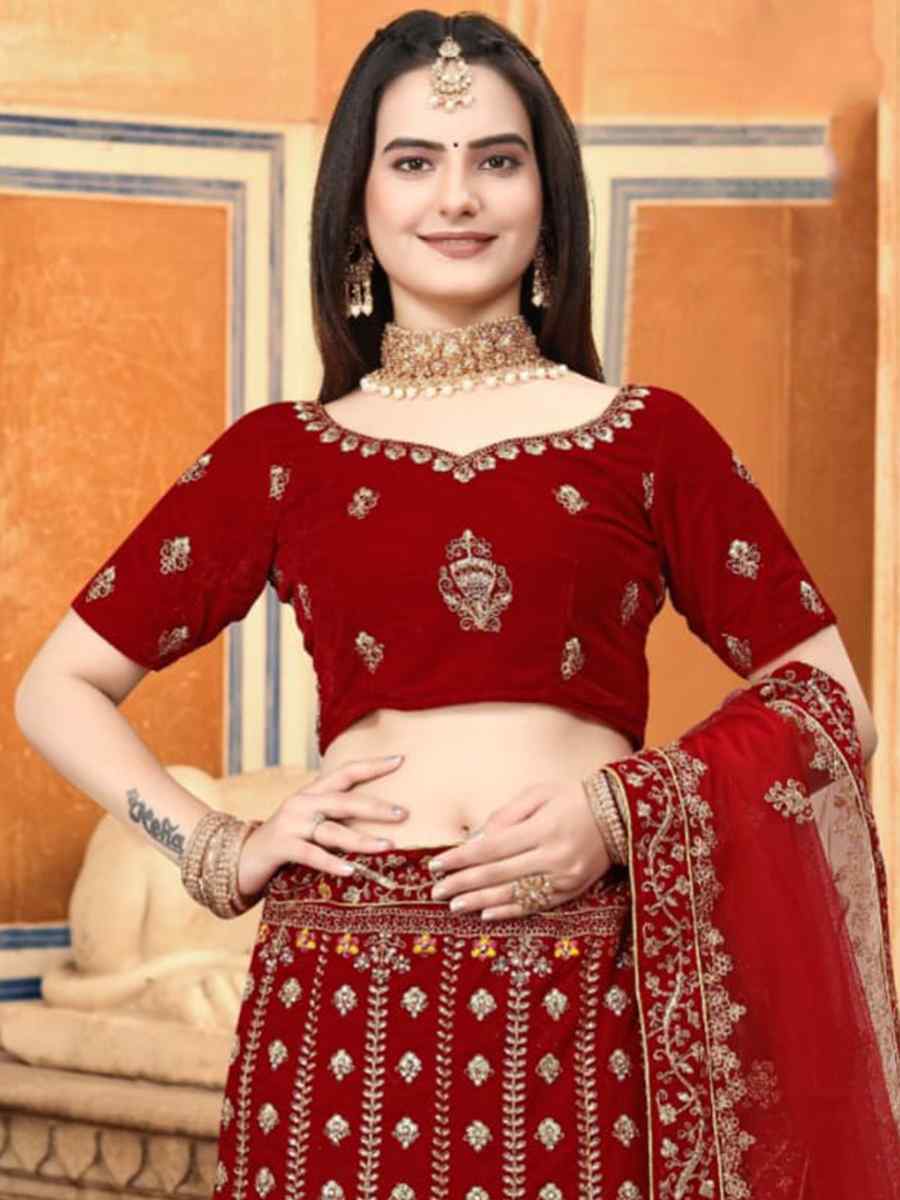 Red Velvet Embroidered Bridal Wedding Heavy Border Lehenga Choli