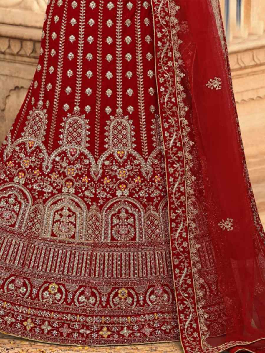 Red Velvet Embroidered Bridal Wedding Heavy Border Lehenga Choli