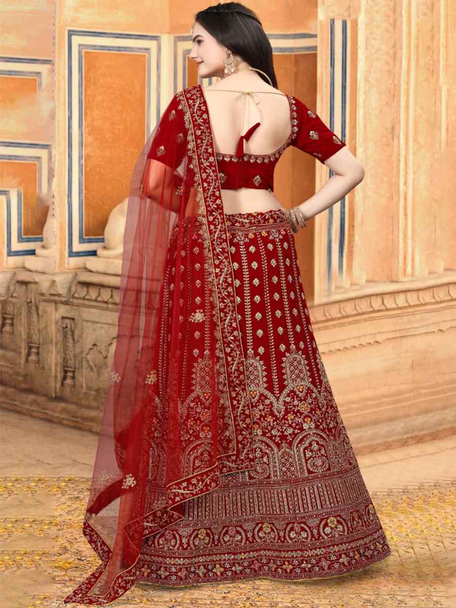 Red Velvet Embroidered Bridal Wedding Heavy Border Lehenga Choli