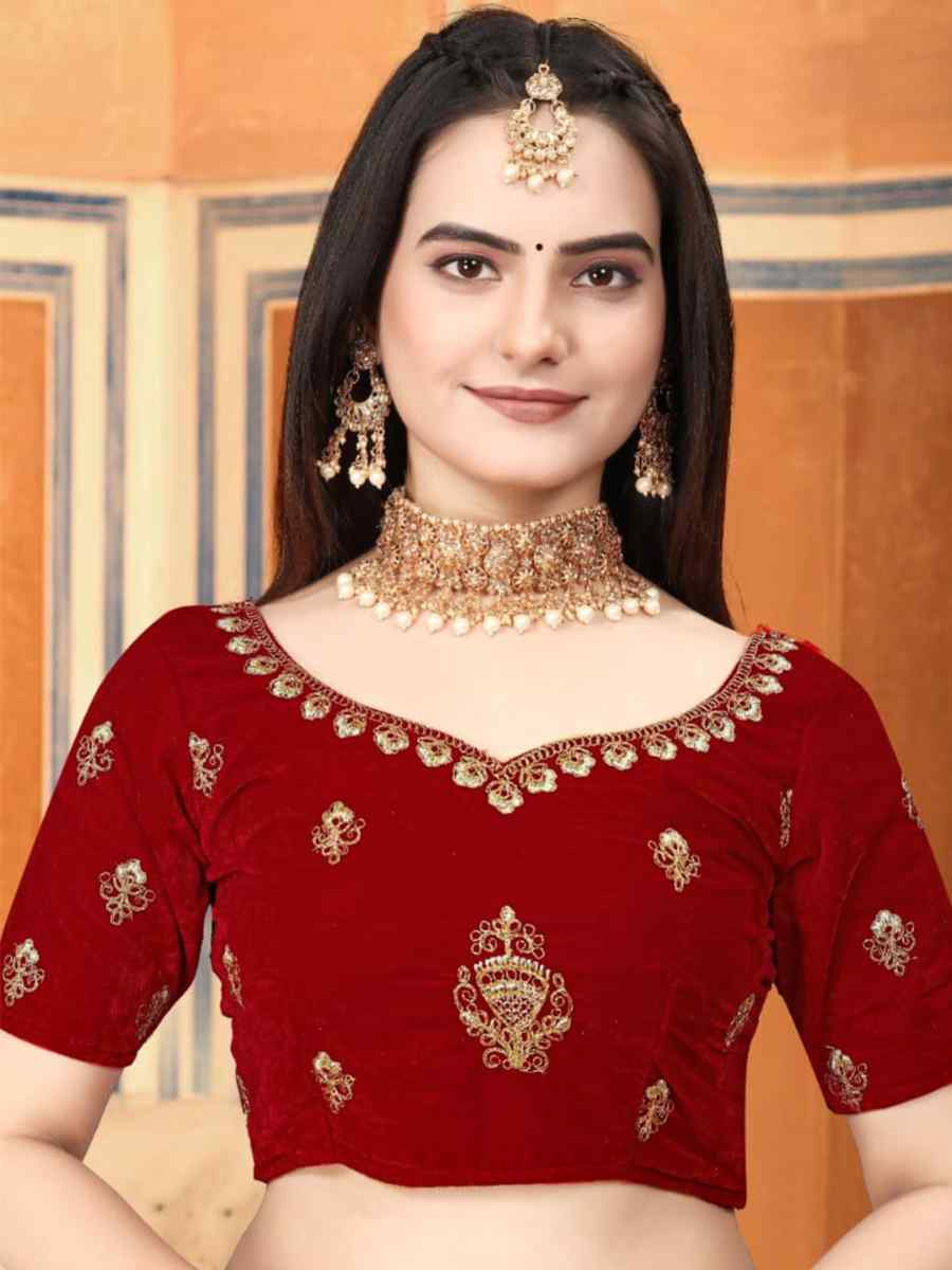 Red Velvet Embroidered Bridal Wedding Heavy Border Lehenga Choli