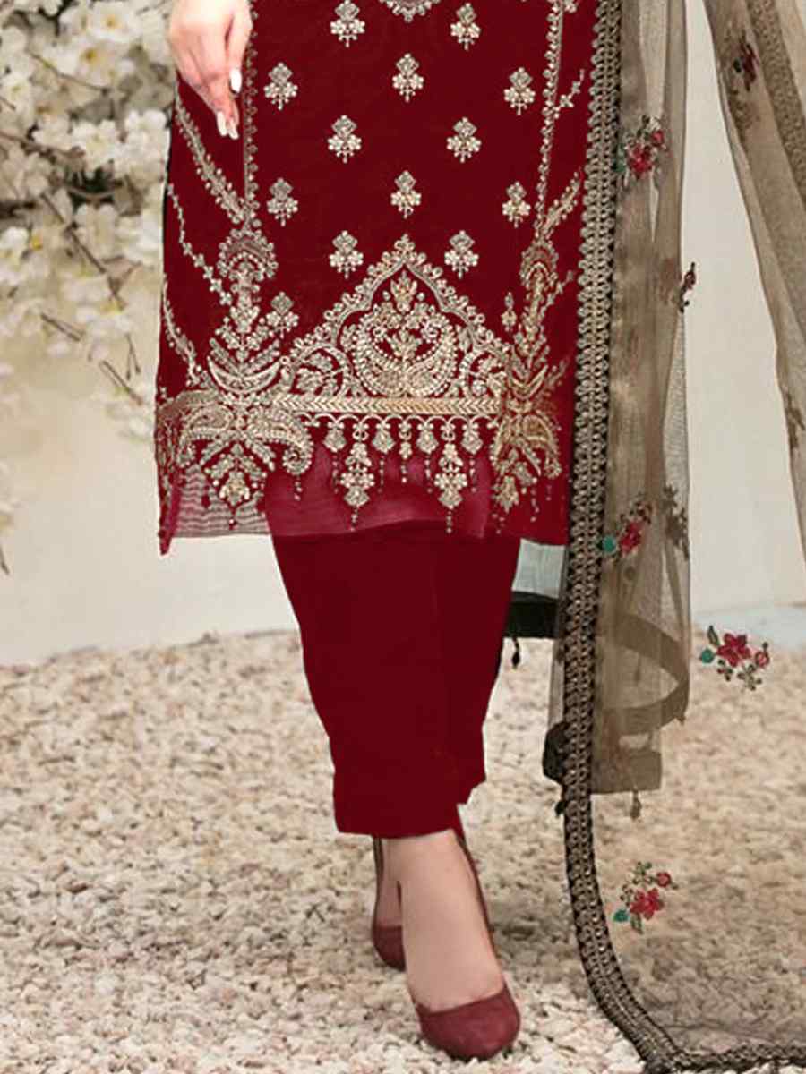 Red Velvet Embroidered Festival Wedding Pant Salwar Kameez