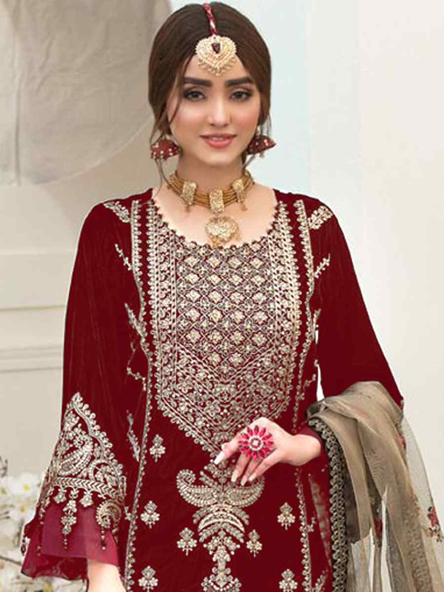 Red Velvet Embroidered Festival Wedding Pant Salwar Kameez