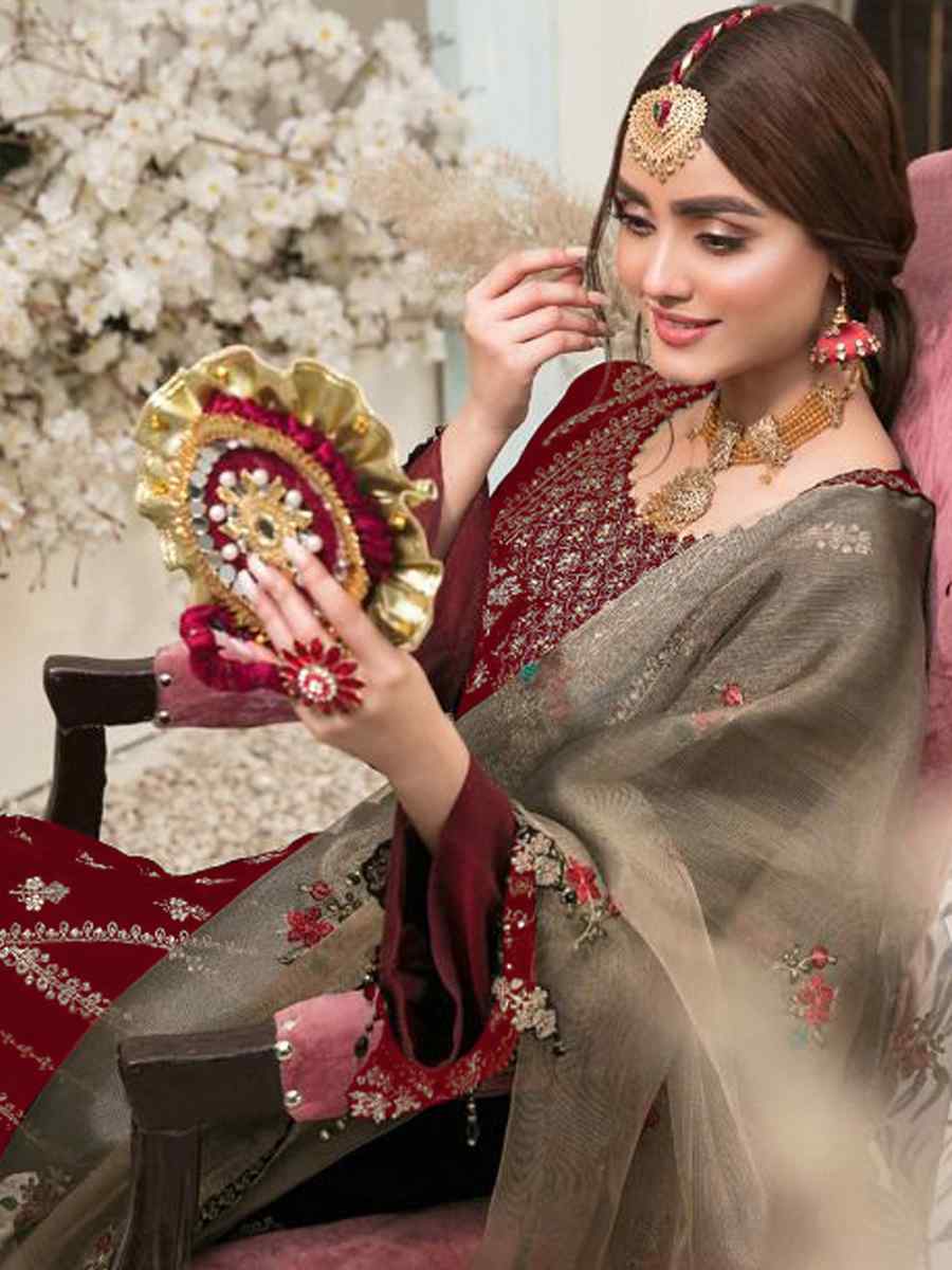 Red Velvet Embroidered Festival Wedding Pant Salwar Kameez