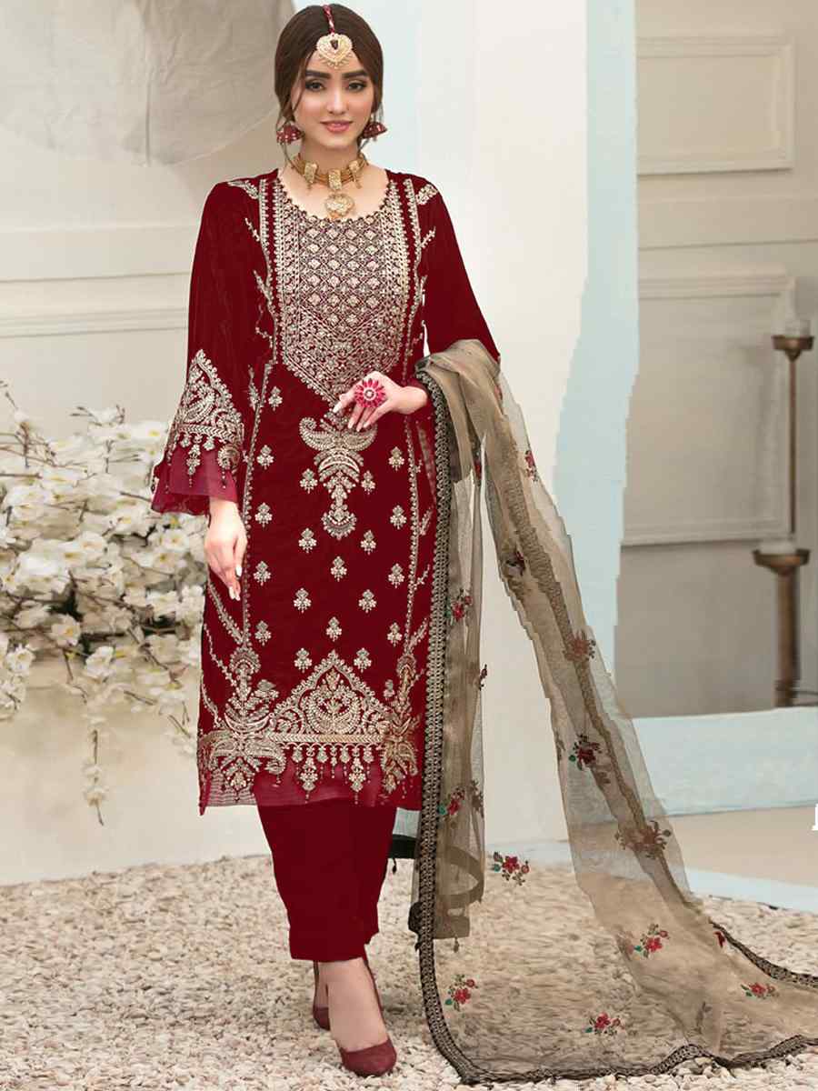 Red Velvet Embroidered Festival Wedding Pant Salwar Kameez