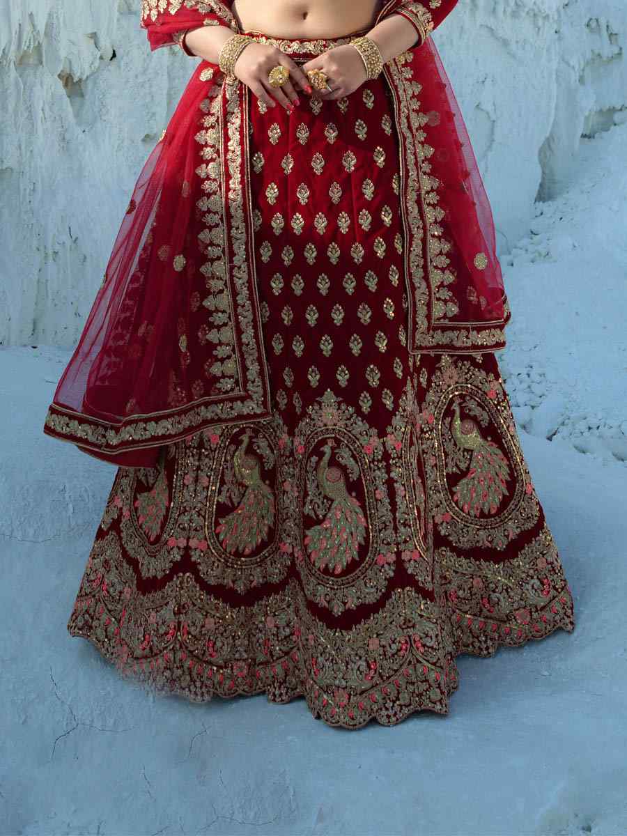 Red Velvet Embroidered Wedding Bridal Heavy Border Lehenga Choli