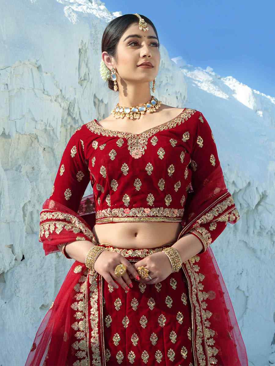 Red Velvet Embroidered Wedding Bridal Heavy Border Lehenga Choli