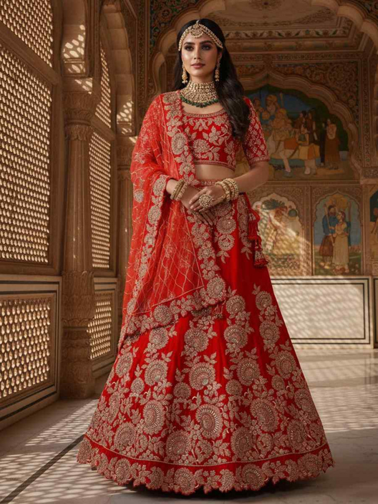Image of Red Velvet Embroidered Wedding Reception Festival Heavy Border Lehenga Choli
