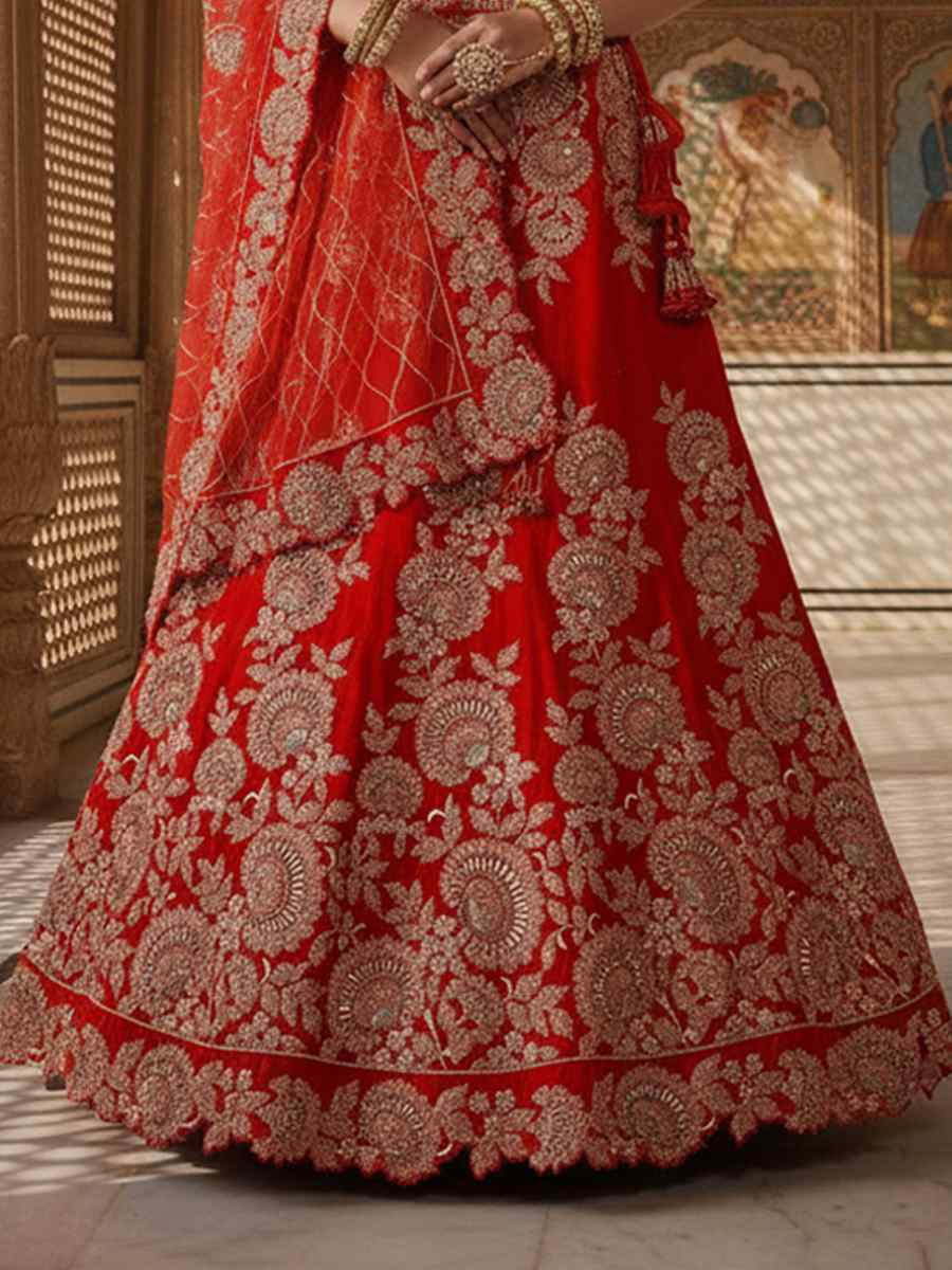 Red Velvet Embroidered Wedding Reception Festival Heavy Border Lehenga Choli