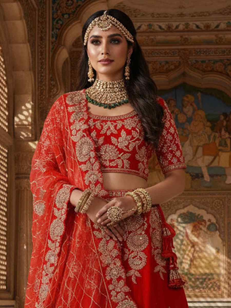 Red Velvet Embroidered Wedding Reception Festival Heavy Border Lehenga Choli