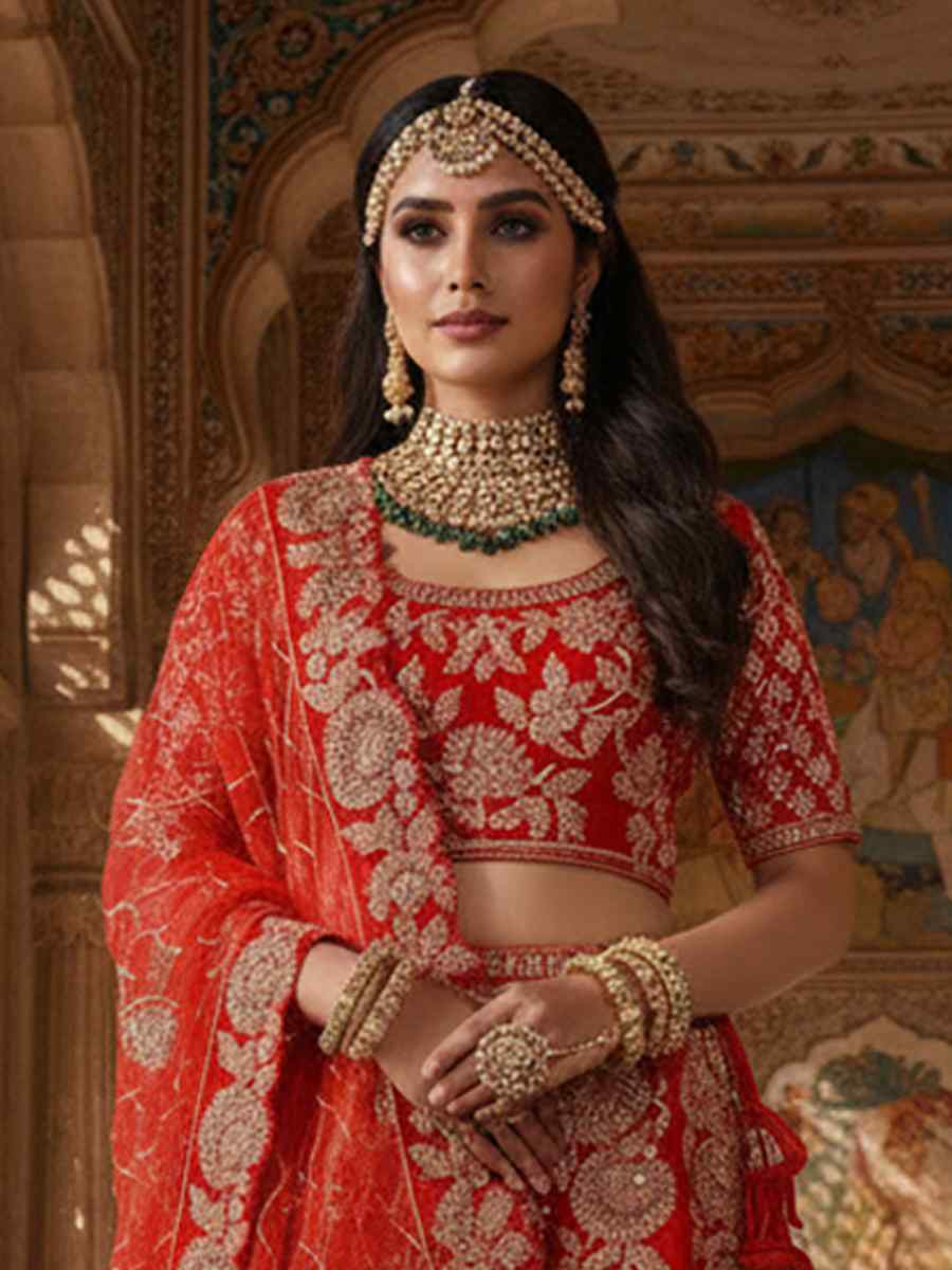Red Velvet Embroidered Wedding Reception Festival Heavy Border Lehenga Choli