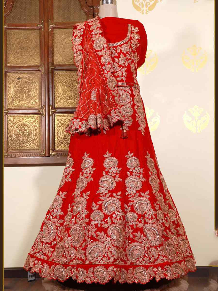 Red Velvet Embroidered Wedding Reception Festival Heavy Border Lehenga Choli