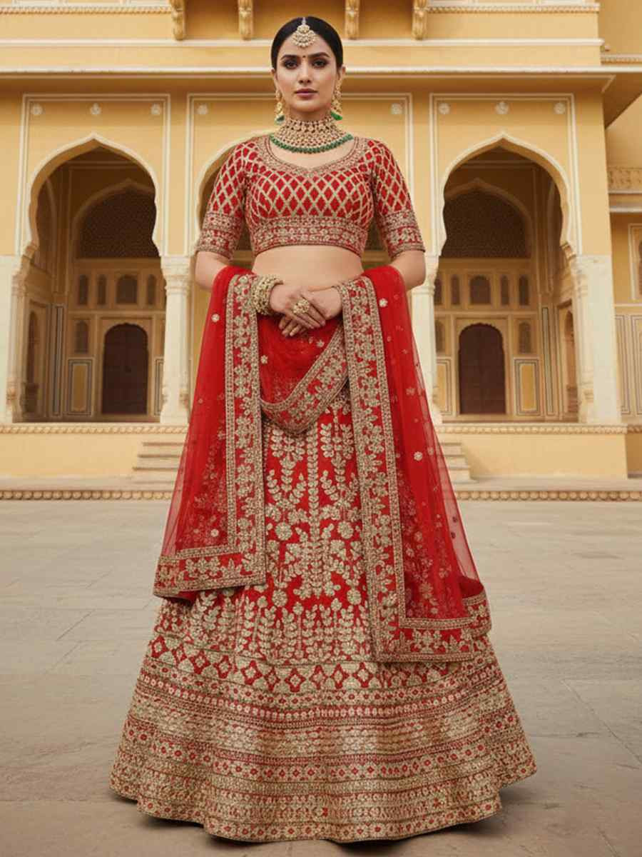 Red Velvet Embroidered Wedding Reception Festival Heavy Border Lehenga Choli