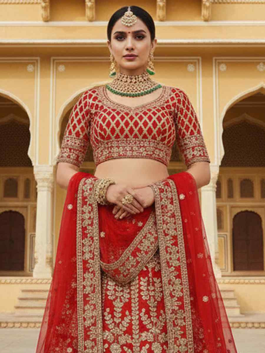 Red Velvet Embroidered Wedding Reception Festival Heavy Border Lehenga Choli