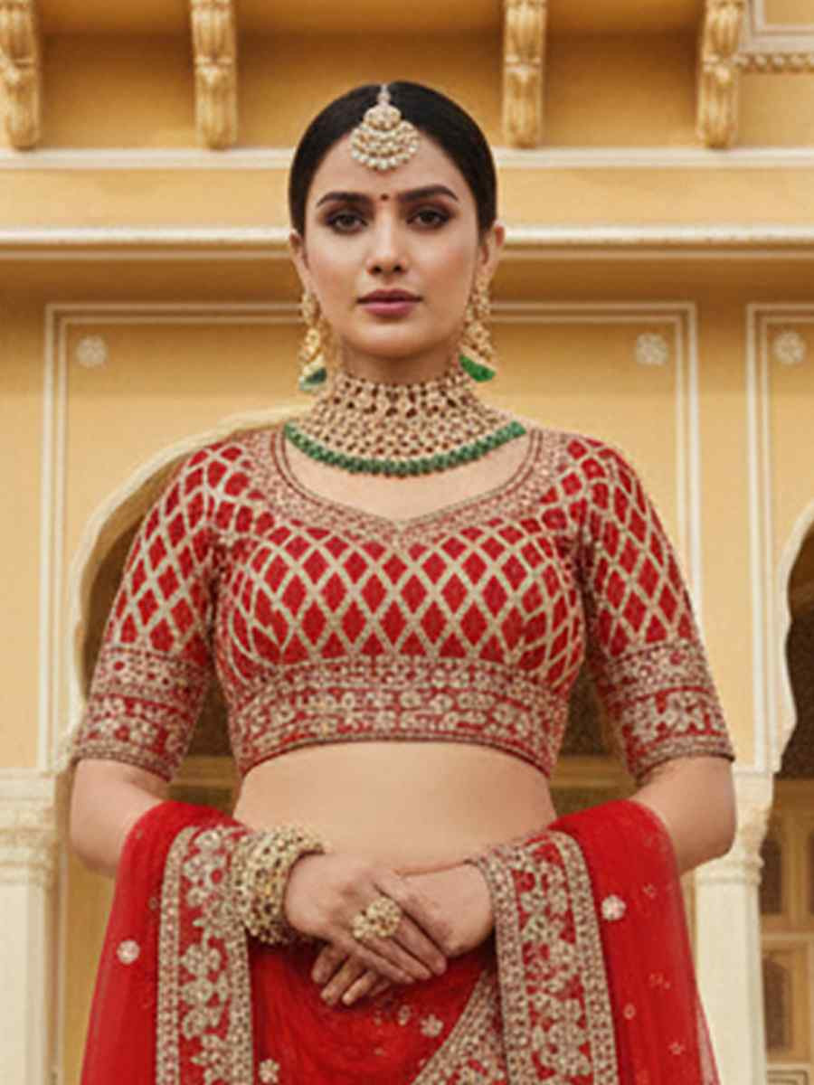 Red Velvet Embroidered Wedding Reception Festival Heavy Border Lehenga Choli