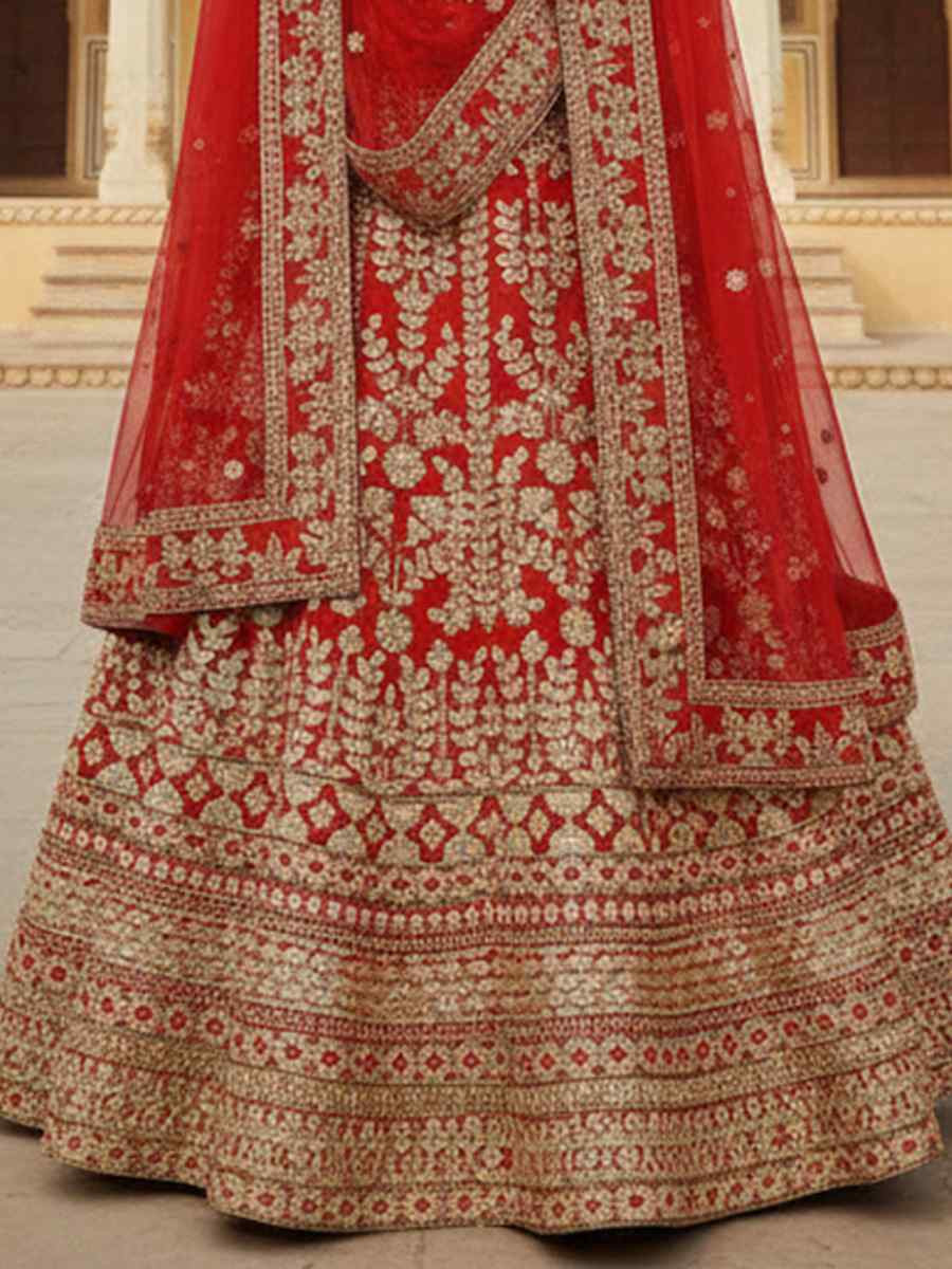 Red Velvet Embroidered Wedding Reception Festival Heavy Border Lehenga Choli