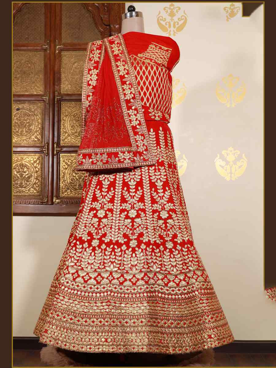 Red Velvet Embroidered Wedding Reception Festival Heavy Border Lehenga Choli
