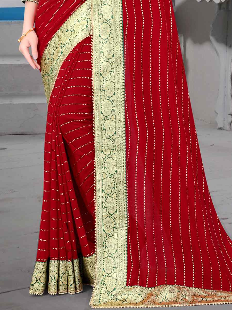 Red Vichitra Blooming Silk Handwoven Wedding Festival Heavy Border Saree