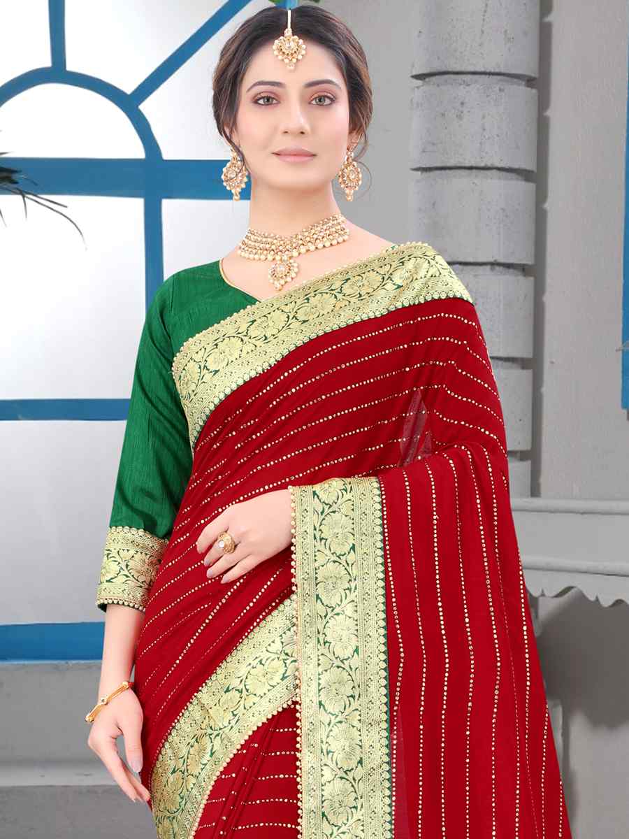 Red Vichitra Blooming Silk Handwoven Wedding Festival Heavy Border Saree