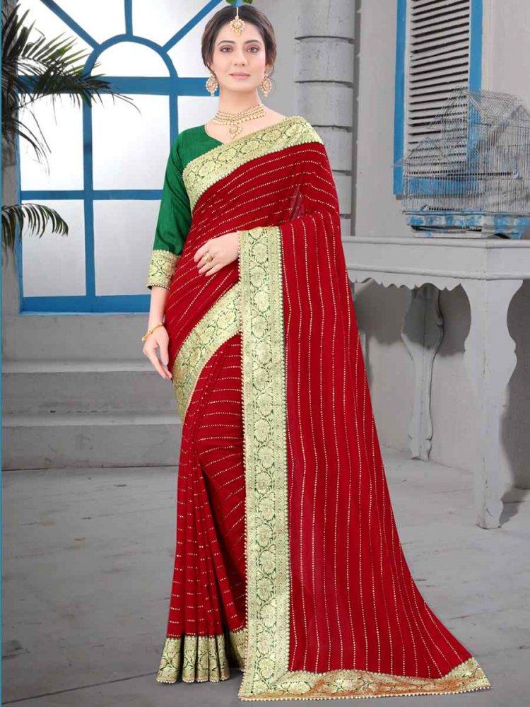 Red Vichitra Blooming Silk Handwoven Wedding Festival Heavy Border Saree