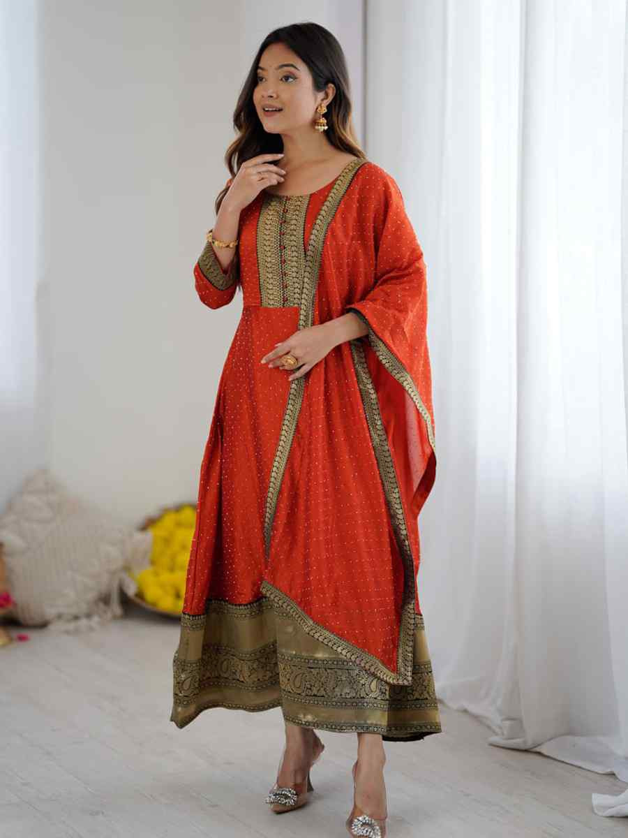 Red Vichitra Silk Embroidered Festival Casual Gown Women Wear