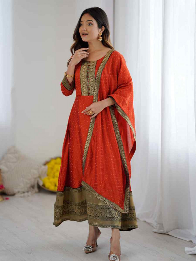 Image of Red Vichitra Silk Embroidered Festival Casual Gown Women Wear