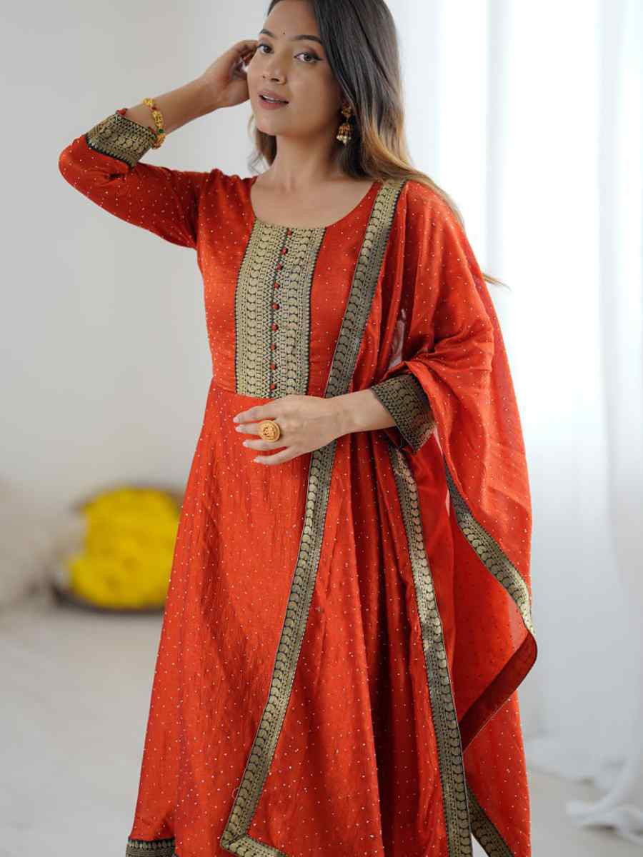 Red Vichitra Silk Embroidered Festival Casual Gown Women Wear