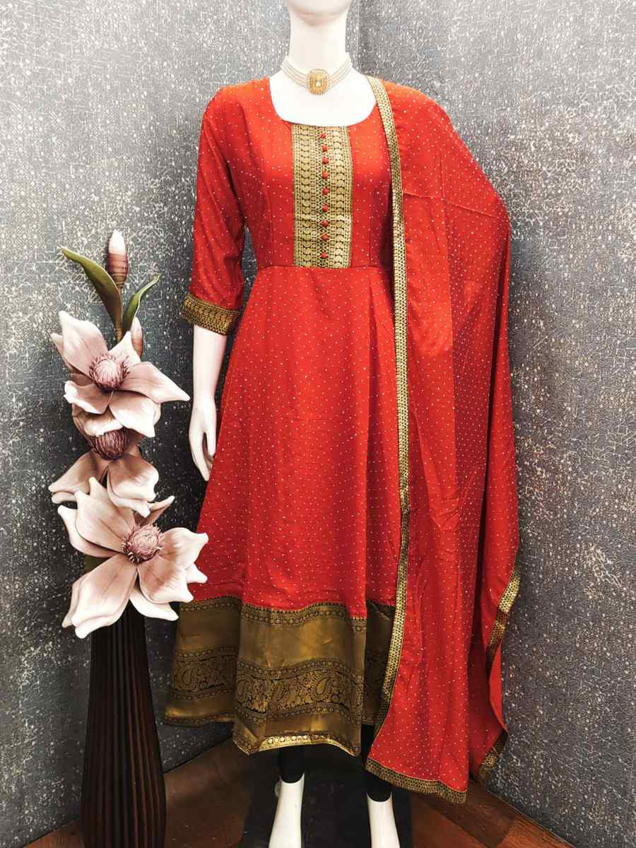 Red Vichitra Silk Embroidered Festival Casual Gown Women Wear