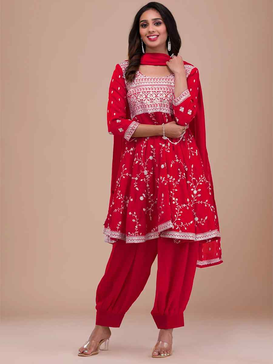 Red Vichitra Silk Embroidered Festival Mehendi Ready Patiala Salwar Kameez