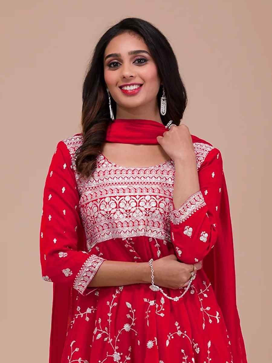 Red Vichitra Silk Embroidered Festival Mehendi Ready Patiala Salwar Kameez