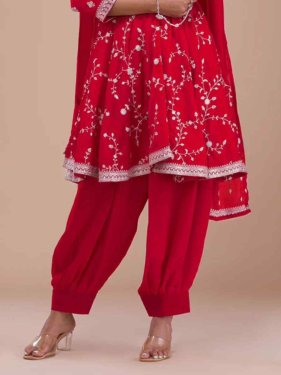 Red Vichitra Silk Embroidered Festival Mehendi Ready Patiala Salwar Kameez