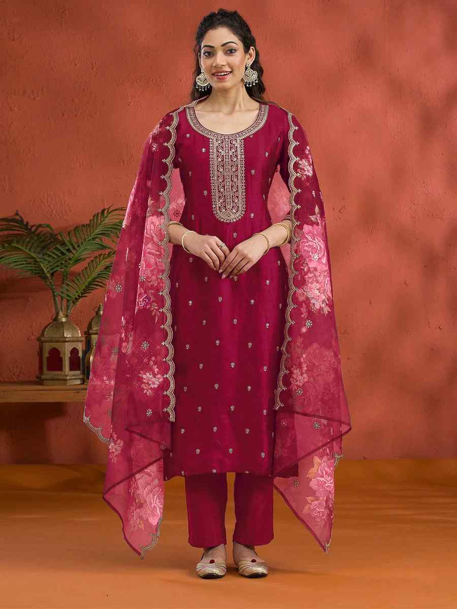 Red Vichitra Silk Embroidered Festival Wedding Pant Salwar Kameez