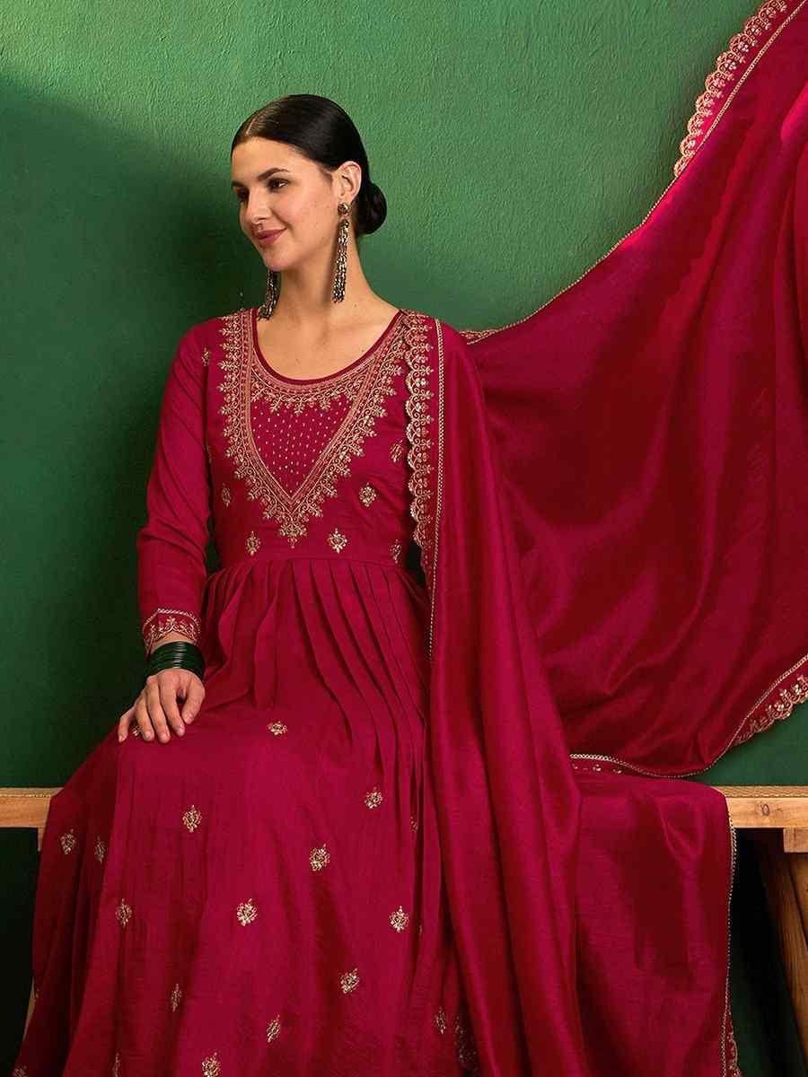 Red Vichitra Silk Embroidered Mehendi Wedding Ready Anarkali Salwar Kameez