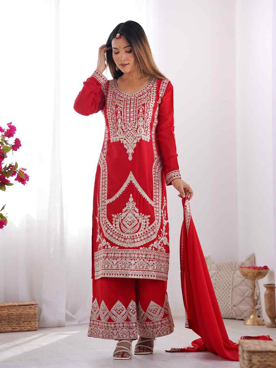 Red Vichitra Silk Embroidered Mehendi Wedding Ready Palazzo pant Salwar Kameez
