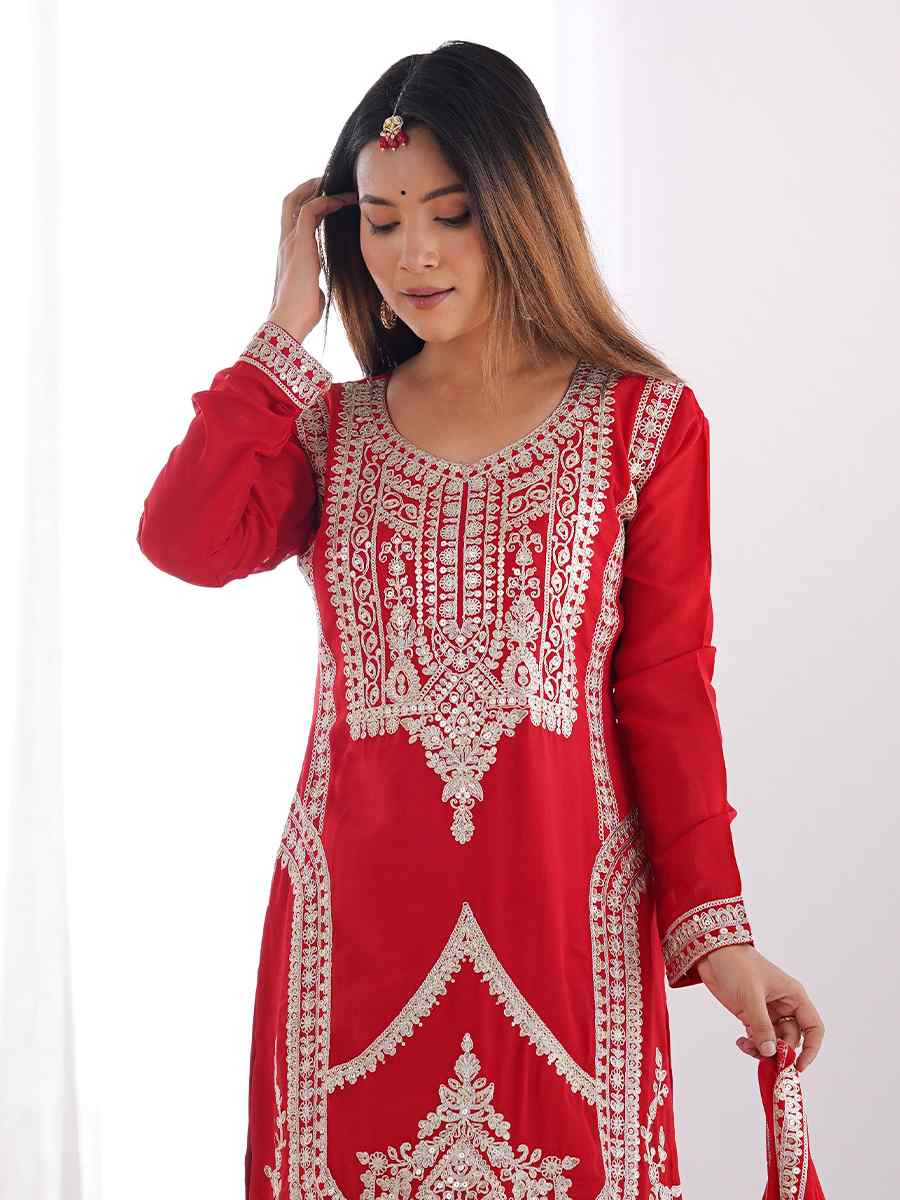 Red Vichitra Silk Embroidered Mehendi Wedding Ready Palazzo pant Salwar Kameez