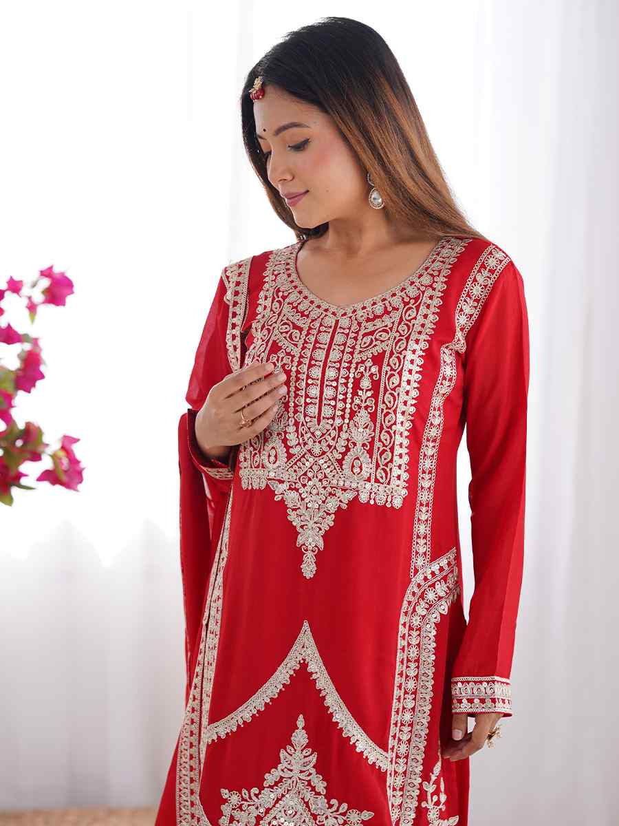 Red Vichitra Silk Embroidered Mehendi Wedding Ready Palazzo pant Salwar Kameez