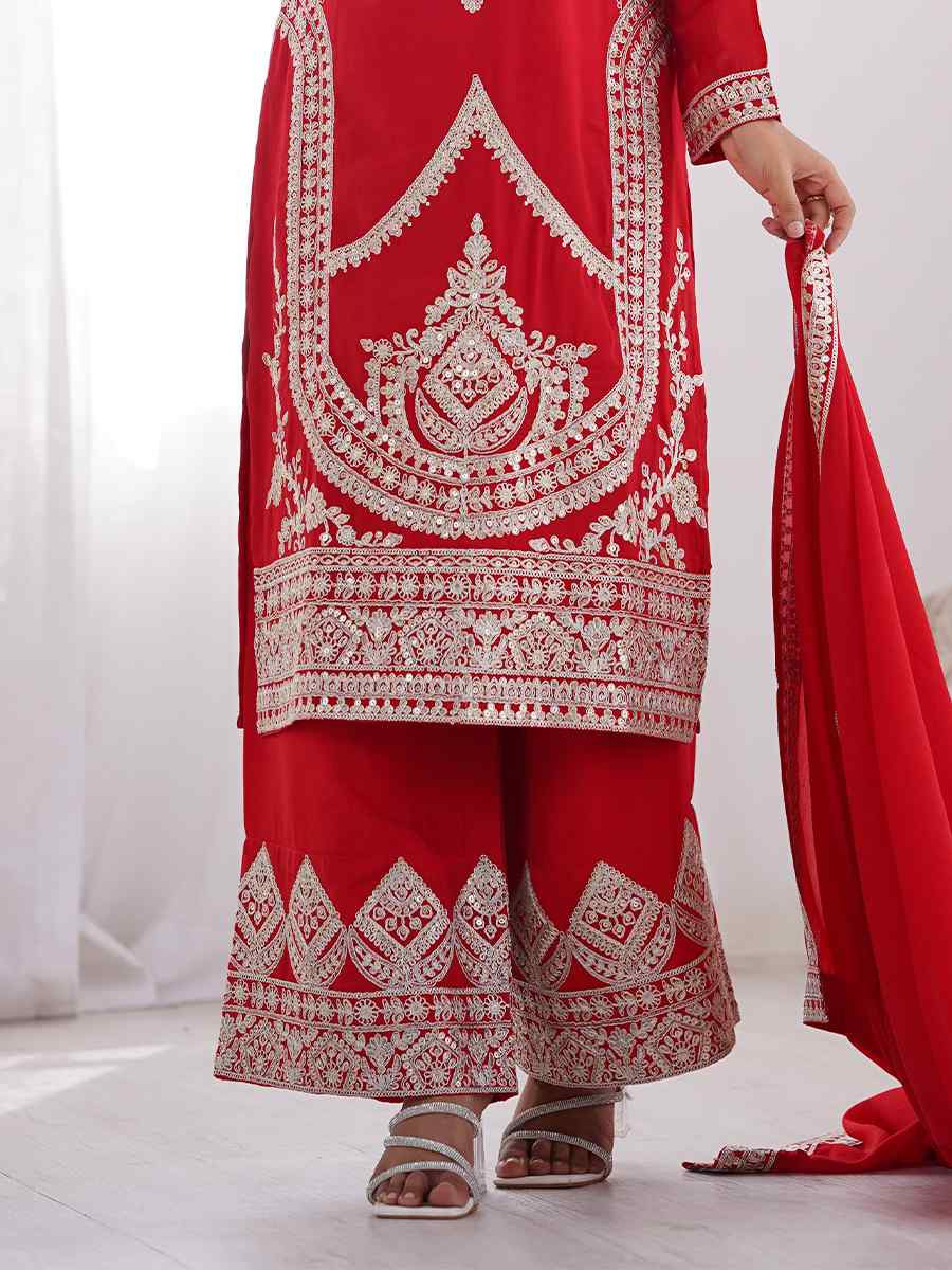 Red Vichitra Silk Embroidered Mehendi Wedding Ready Palazzo pant Salwar Kameez