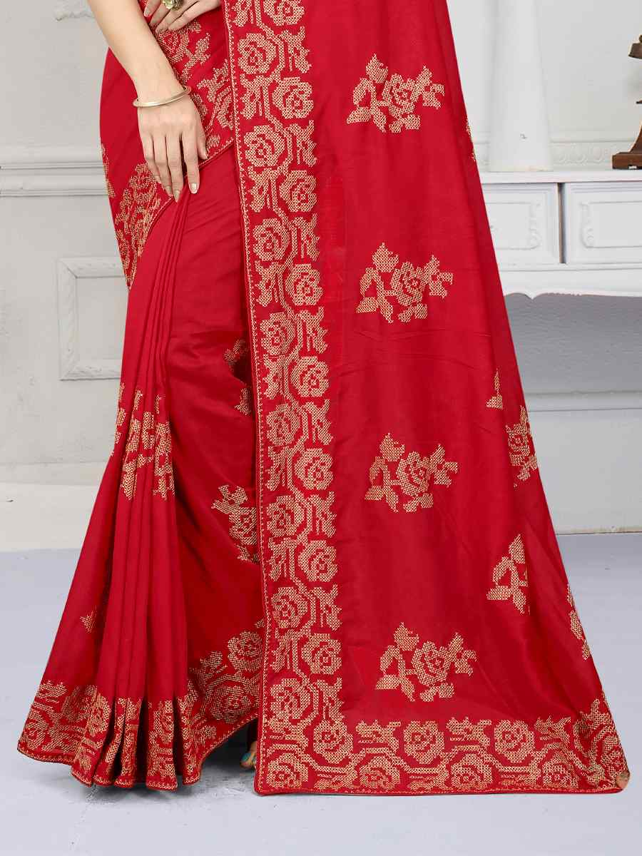 Red Vichitra Silk Embroidered Wedding Festival Heavy Border Saree