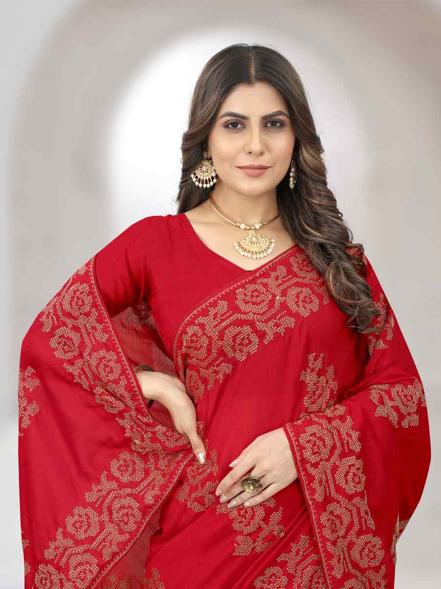 Red Vichitra Silk Embroidered Wedding Festival Heavy Border Saree