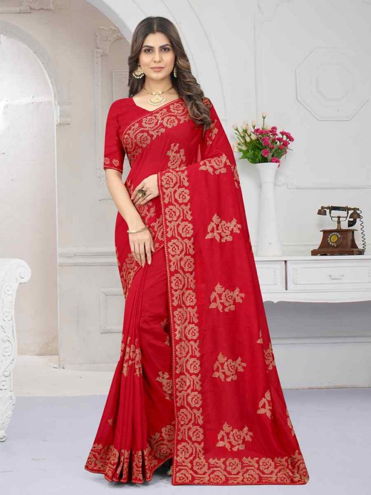 Red Vichitra Silk Embroidered Wedding Festival Heavy Border Saree