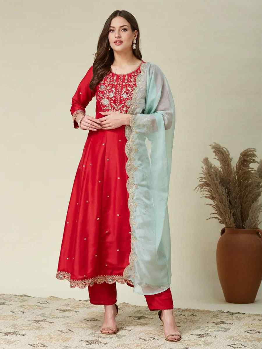 Red Vichitra Silk Embroidery Party Wedding Festival Casual Ready Anarkali Pant Salwar Kameez